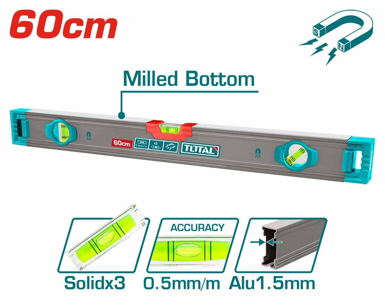 NIVEAU A BULL AVEC AIMANT PUISSANT 60CM TOTAL