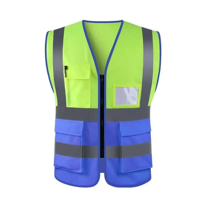 GILET VERT FLUO-BLEU AVEC POCHE ET FERMETURE
